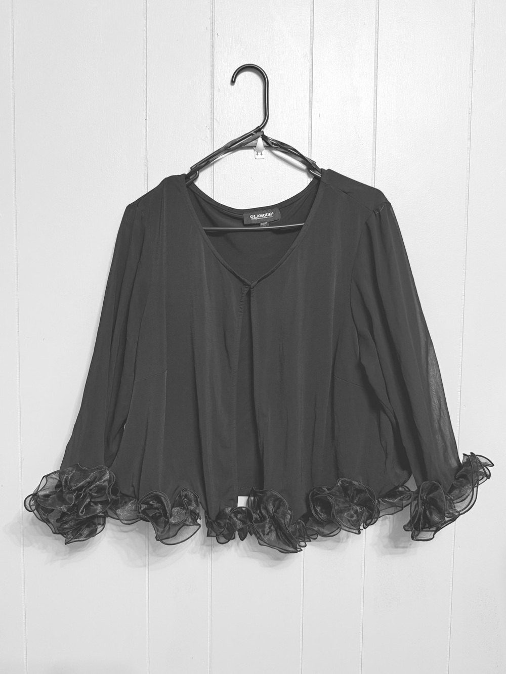 Glamour Black Ruffle Hem Women's Open Blouse